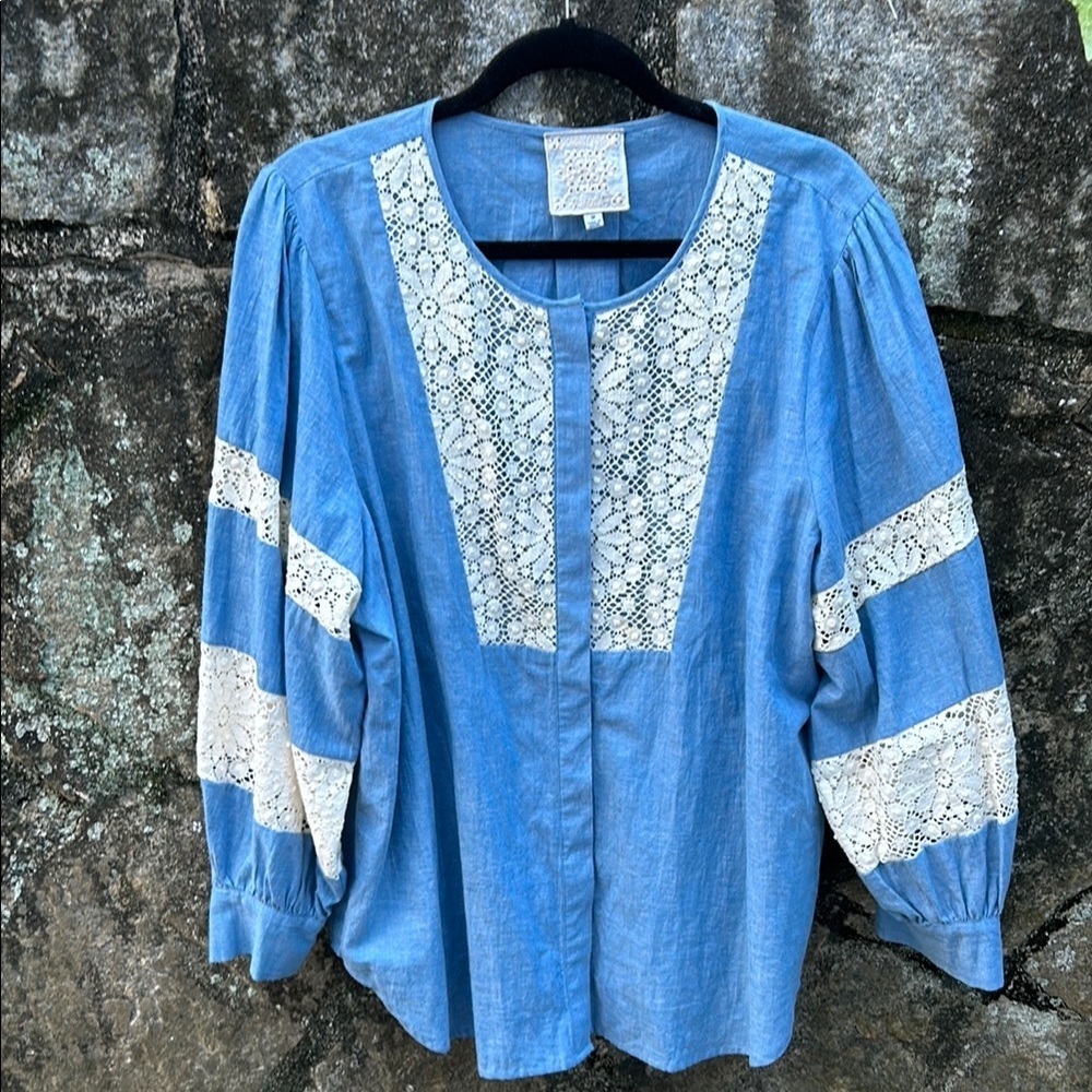 Johnny Was Thalassa Chambray Lace Blouse Medium Cottagecore Boho Anthropologie - Picture 5 of 15